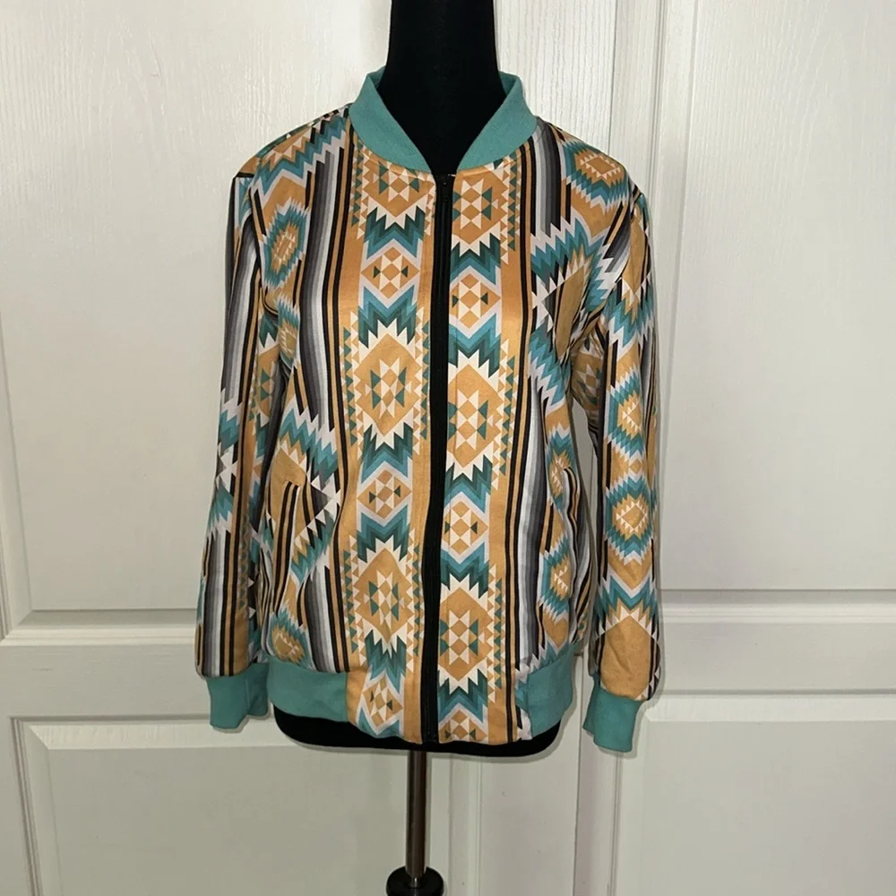 CRAZY TRAIN YELLOW & BLUE AZTEC GEOMETRIC WESTERN COUNTRY COWGIRL BOMBER JACKET - Picture 1 of 7